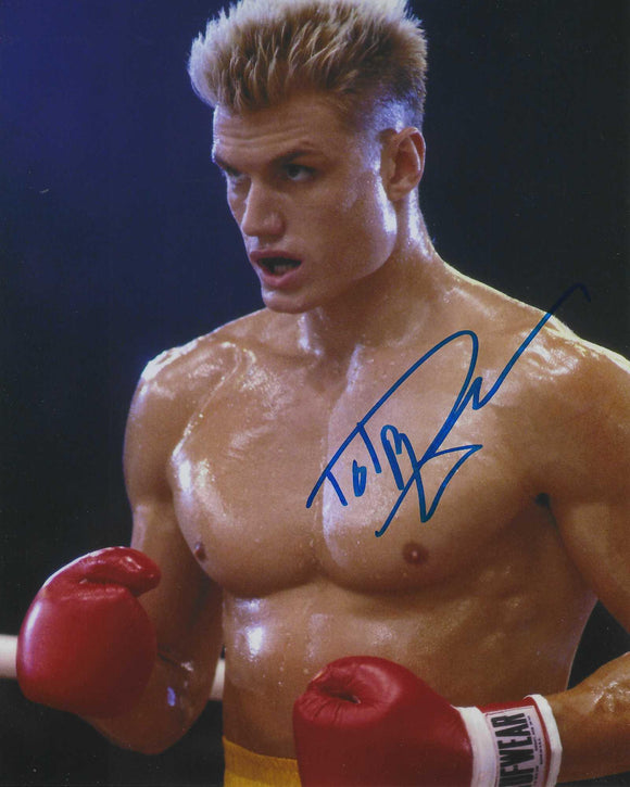 Dolph Lundgren signed 10x8 in Blue Rocky 4