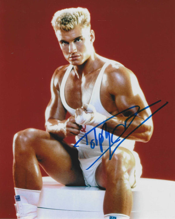 Dolph Lundgren signed 10x8 in Blue rocky 4