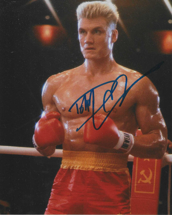 Dolph Lundgren signed 10x8 in Blue rocky 4