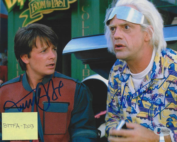 Michael J Fox And Christopher Lloyd 10X8 Signed In Blue Back To The Future With Beckett