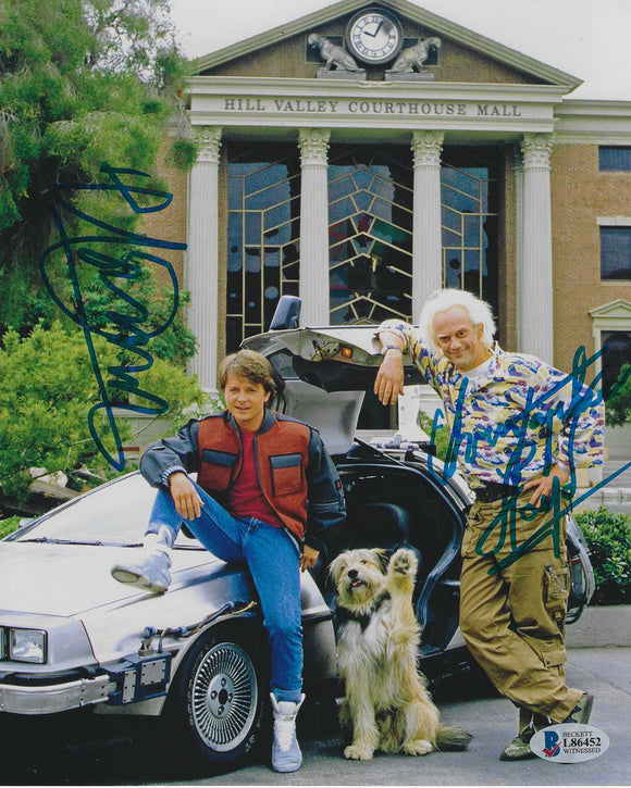 Michael J Fox And Christopher Lloyd 10X8 Signed In Blue Back To The Future With Beckett