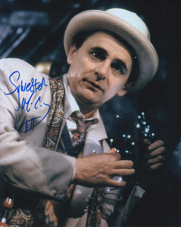 Sylvester McCoy10x8 signed in Blue Doctor Who