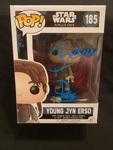 Dolly and Beau signed Young Jyn Erso Funko signed in blue paint pen.